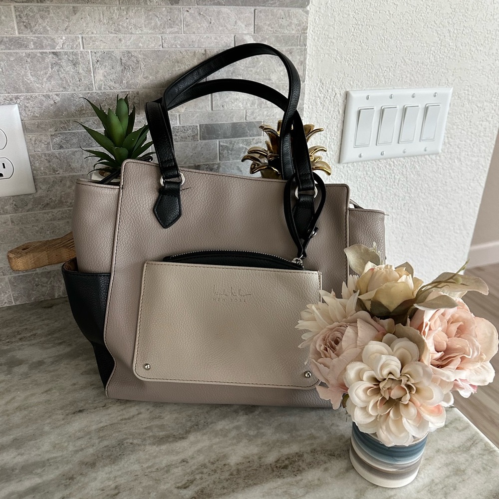 Nicole Miller Cream and Black Satchel with Structured Design